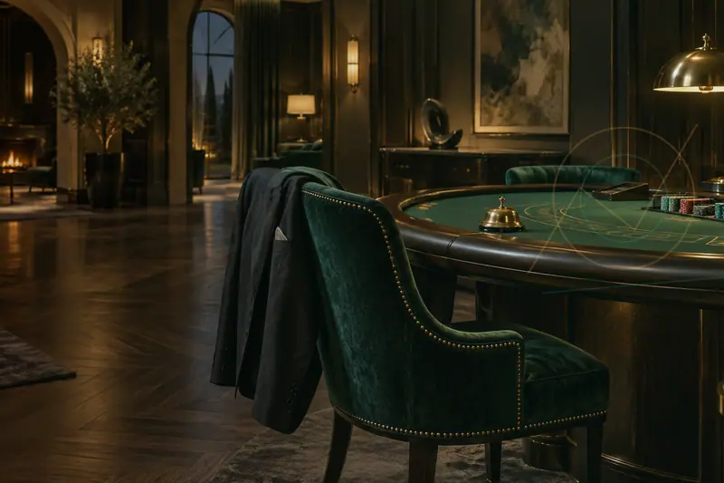 Private green-felt gaming salon with a tailored jacket