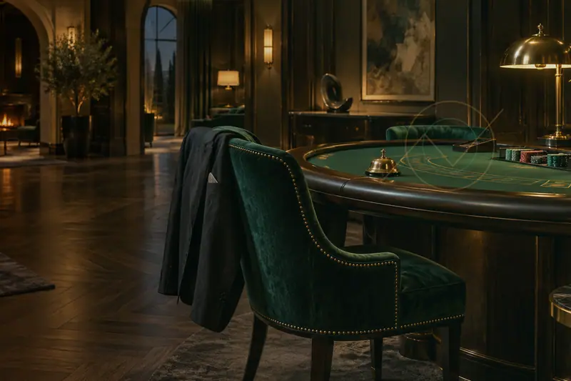 Private green-felt gaming salon with a tailored jacket